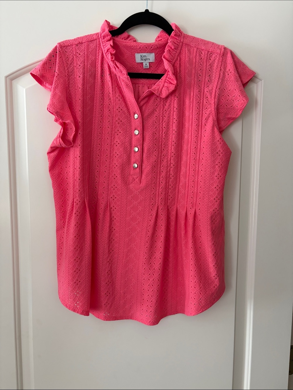 Kim Rogers Hot Pink Eyelet Ruffle Henley Blouse